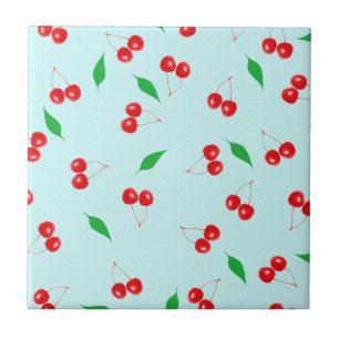 Fresh Pink Cherries on a Mint Background Tile