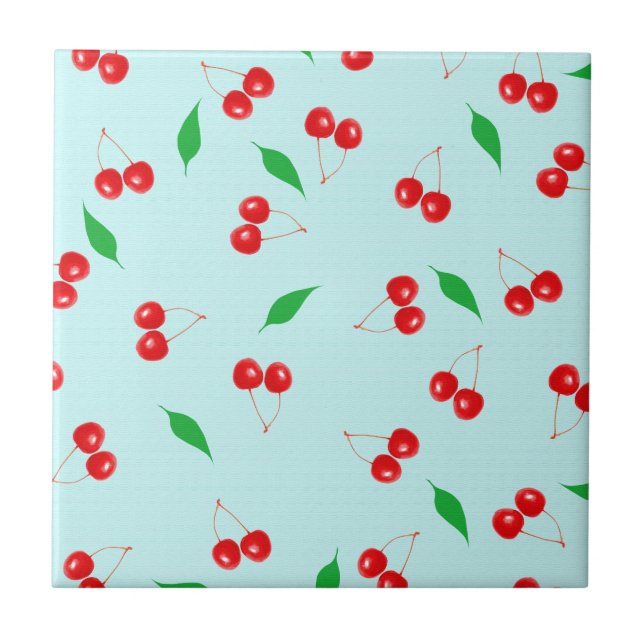 Fresh Pink Cherries on a Mint Background Tile (Front)