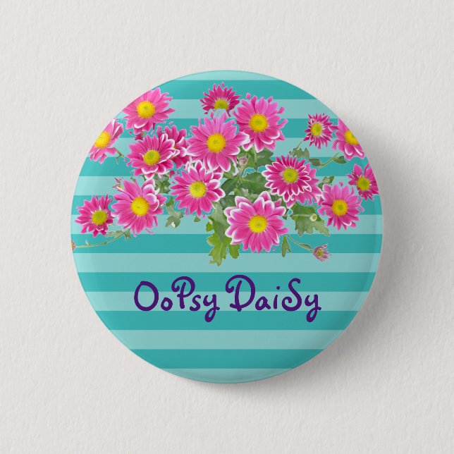 Fresh Pink Daisy Flowers on Turquoise Stripes 2 Inch Round Button (Front)