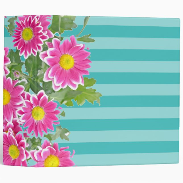 Fresh Pink Daisy Flowers on Turquoise Stripes Binder (Front/Spine)