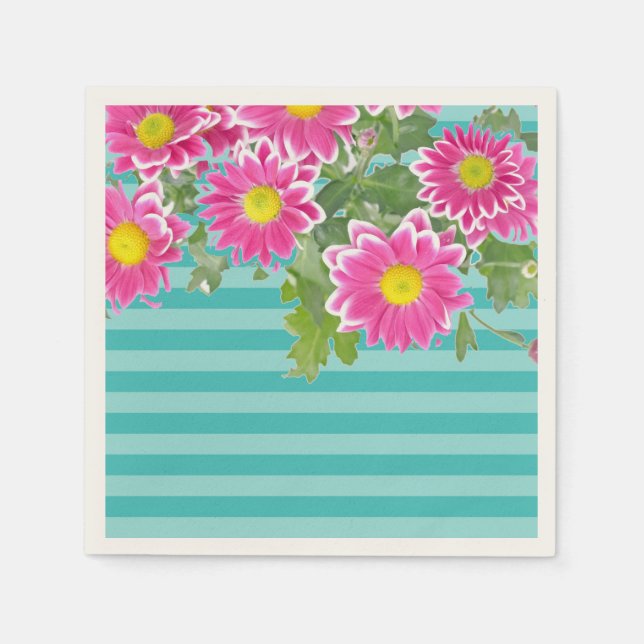 Fresh Pink Daisy Flowers on Turquoise Stripes Napkin (Front)
