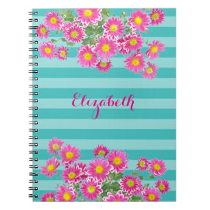 Fresh Pink Daisy Flowers on Turquoise Stripes Notebook