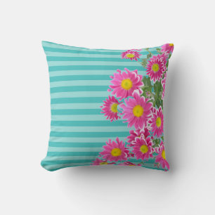Fresh Pink Daisy Flowers on Turquoise Stripes Throw Pillow