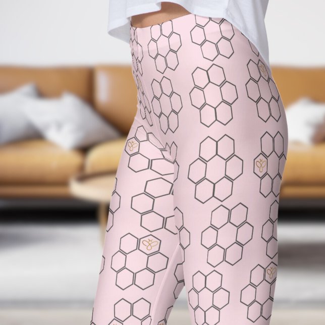 Fresh Pink Honey Bee Hive Pattern Leggings (Honey Hive on Piggy Pink)