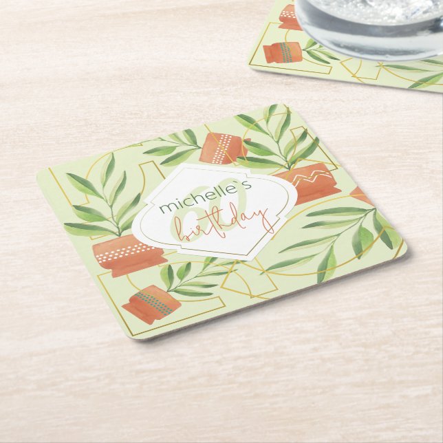 Fresh Plants In Ceramic Pots Watercolor  Square Paper Coaster (Angled)