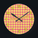 Fresh Popped Fun Popcorn Pattern Cartoon Art Round Clock<br><div class="desc">A fun and cute fresh popped kawaii buttery good hot and fresh popcorn pop to it movie watcher slogan funny food epic kernel hot buttered bucket of fun meal design cartoon style deluxe wall clock timepiece Get an epic cartoon design clock today.</div>