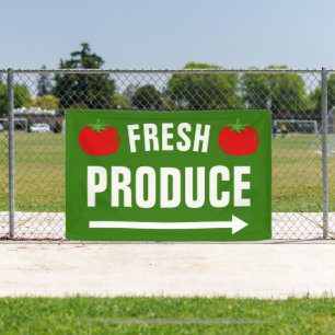 Fresh Produce banner sign with pointing arrow