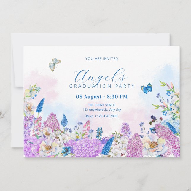 Fresh purple blue Floral summer bloom graduation Invitation (Front)