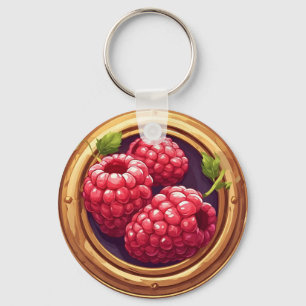 Fresh Raspberries Framed in Golden Artwork Keychain