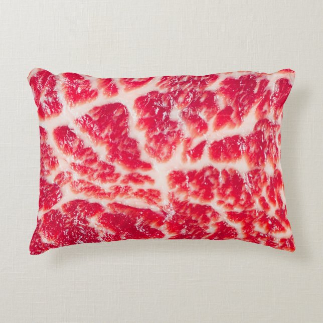 Fresh raw beef steak marbled meat texture close up accent pillow (Front)