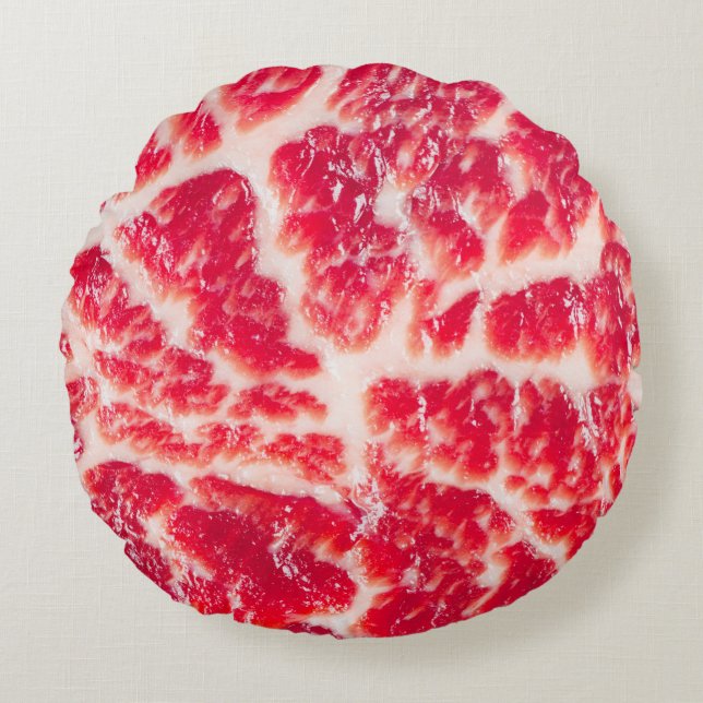 Fresh raw beef steak marbled meat texture close up round pillow (Front)