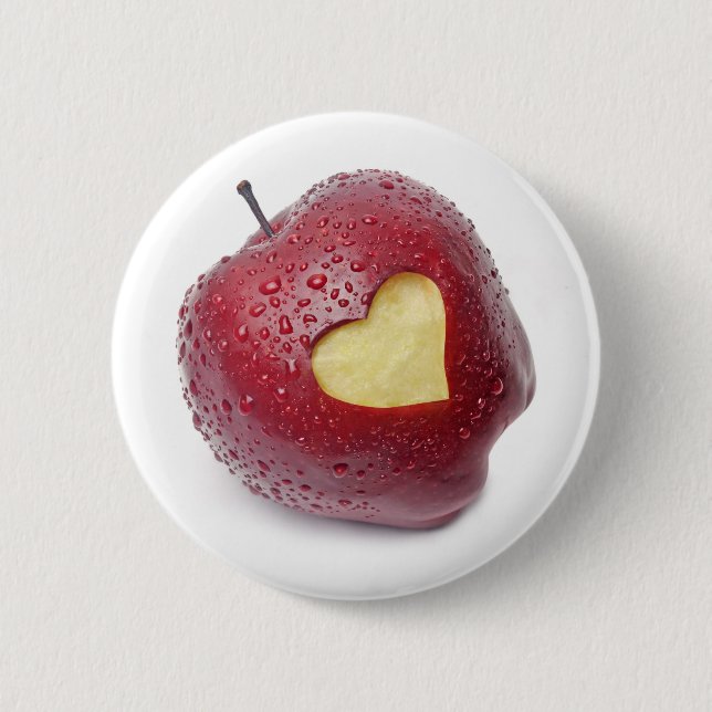 Fresh red apple with a heart shaped symbol 2 inch round button (Front)