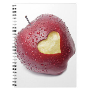 Fresh red apple with a heart shaped symbol notebook