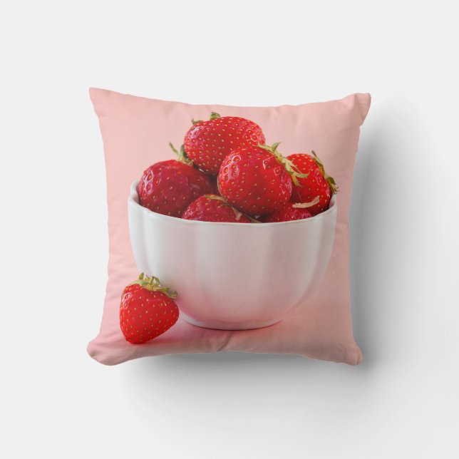 Fresh Red Strawberries In White Bowl Pink Summer Throw Pillow (Front)