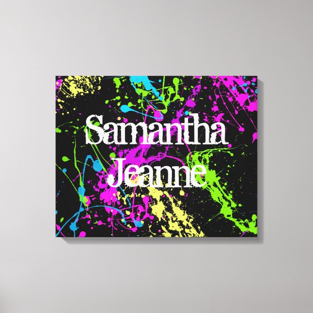 Fresh Retro Neon Paint Splatter on Black Canvas Print (Front)