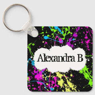 Fresh Retro Neon Paint Splatter on Black Keychain