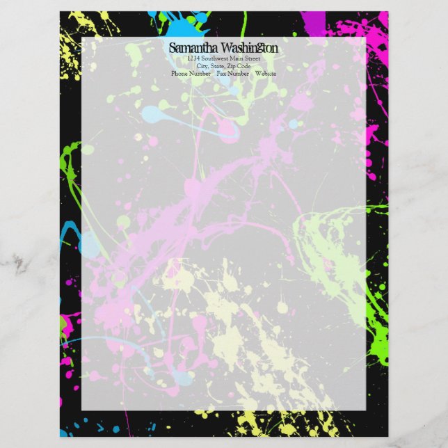 Fresh Retro Neon Paint Splatter on Black Letterhead (Front)