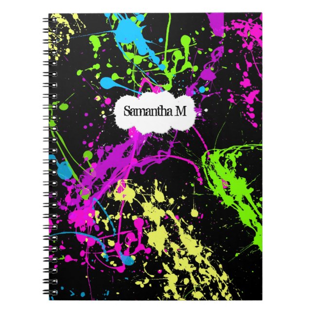 Fresh Retro Neon Paint Splatter on Black Notebook (Front)