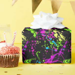 Fresh Retro Neon Paint Splatter Wrapping Paper
