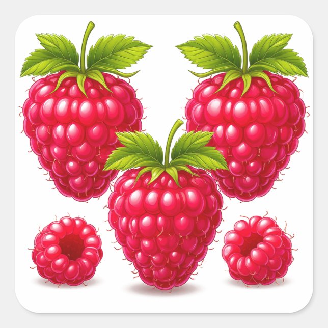 Fresh Ripe Raspberries with Green Leaves Square Sticker (Front)