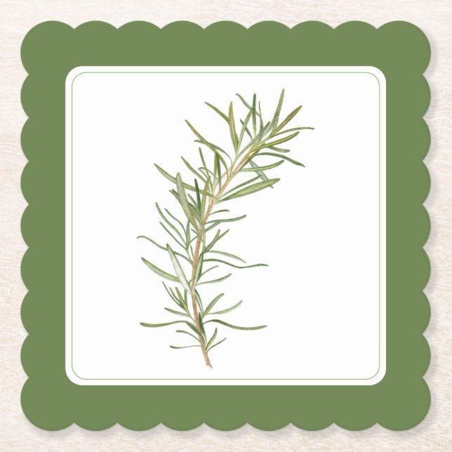 FRESH ROSEMARY Scallop Square Coaster -text Green (Front)