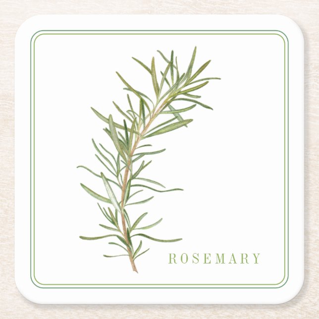 FRESH ROSEMARY Square Paper Coasters (+text) (Front)