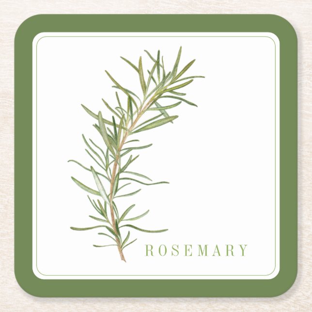FRESH ROSEMARY Square Paper Coasters (+text) Green (Front)