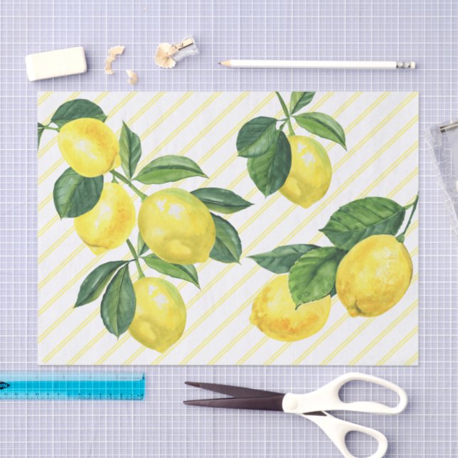 Fresh rustic country lemons watercolor pinstripes tissue paper (Craft)