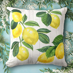 Fresh rustic lemons watercolor white wood country throw pillow