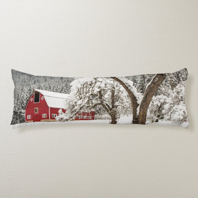 Fresh snow on red barn body pillow (Front)