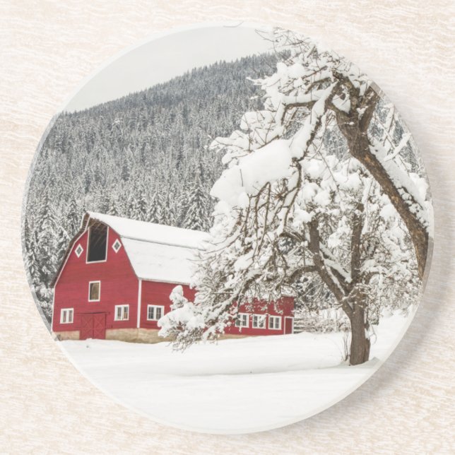 Fresh snow on red barn coaster (Front)