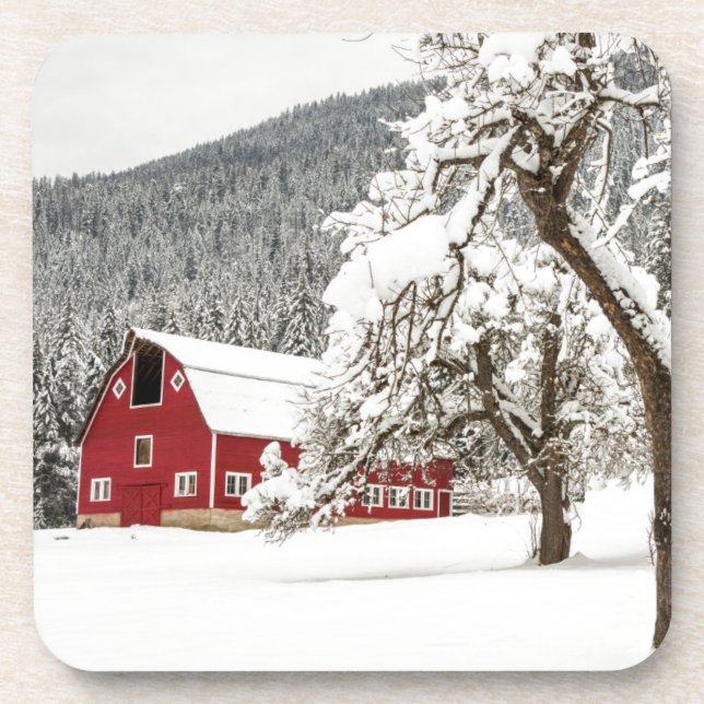 Fresh snow on red barn coaster (Front)