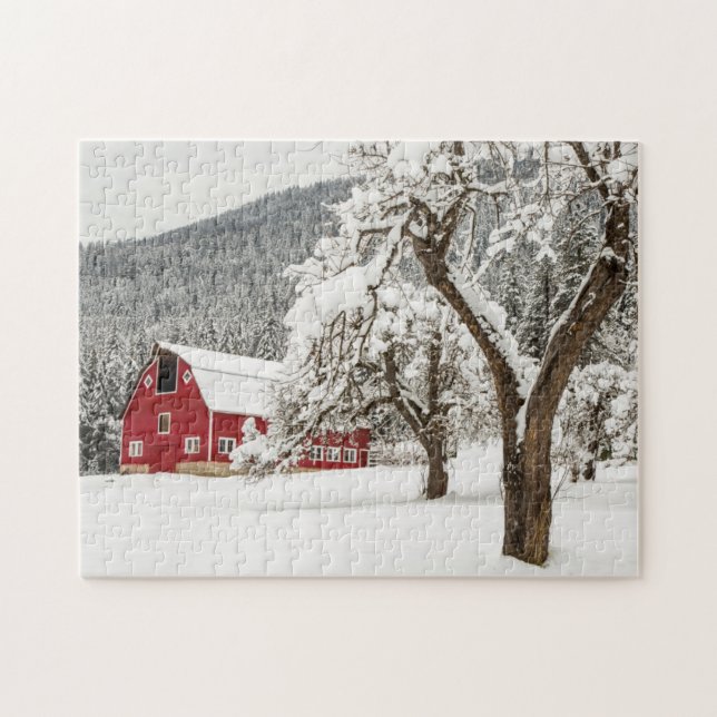 Fresh snow on red barn jigsaw puzzle (Horizontal)