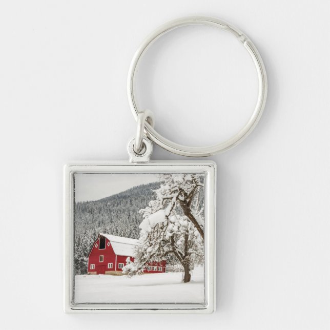 Fresh snow on red barn keychain (Front)