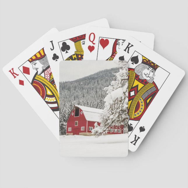 Fresh snow on red barn playing cards (Back)