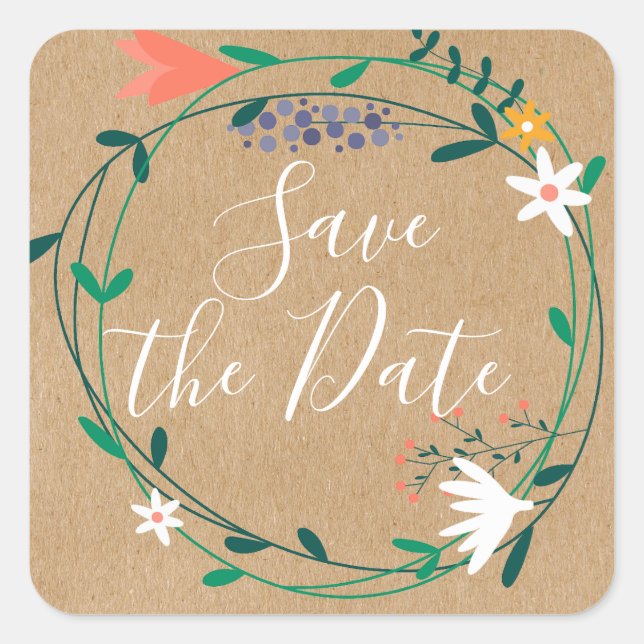 Fresh Spring Floral Garland Save the Date Square Sticker (Front)