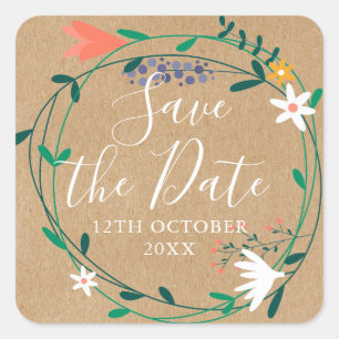 Fresh Spring Floral Garland Save the Date Square Sticker