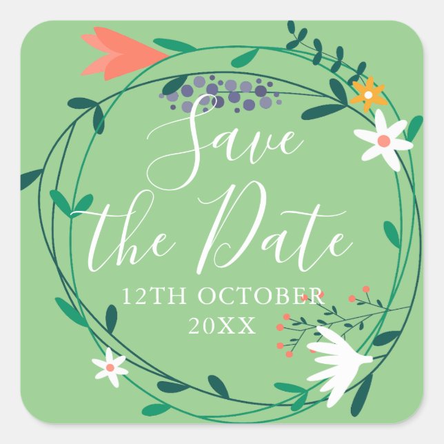Fresh Spring Floral Garland Save the Date Square Sticker (Front)