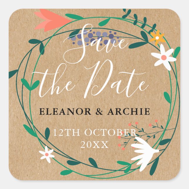 Fresh Spring Floral Garland Save the Date Square Sticker (Front)