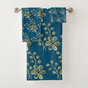 FRESH SPRING GOLD NAVY FLORAL BATHROOM TOWEL SET