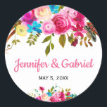 Fresh Spring Pink Watercolor Floral sticker<br><div class="desc">Vibrant Fresh Spring Pink Watercolor Floral sticker/label for yor gift favour. Romantic Bohemian hot pink, deep pink, yellow, light blue, purple watercolor painted roses, botanical floral arrangement wedding design with green leaves and feathers on white background. Perfect choise for spring and summer weddings. #3338 If you need any help or...</div>