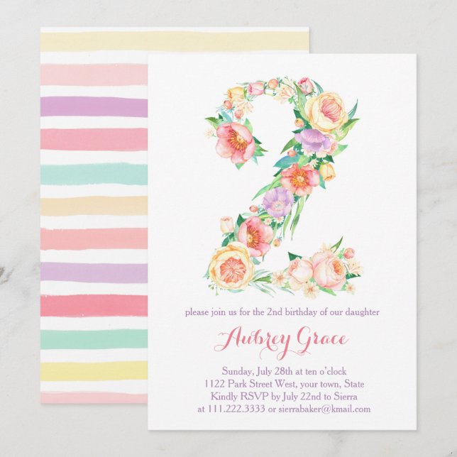 Fresh Spring Second Birthday Party Invitation Girl (Front/Back)