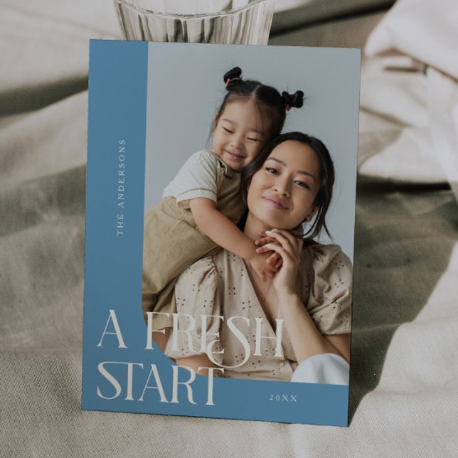 Fresh Start New Year Denim Blue Curved Frame Photo Holiday Card (Creator Uploaded)