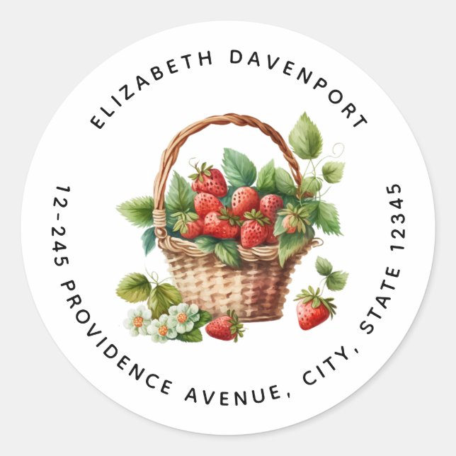 Fresh Strawberries in a Wicker Basket Address Classic Round Sticker (Front)