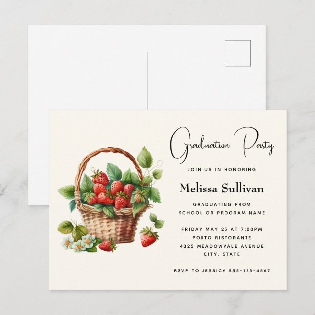 Fresh Strawberries in a Wicker Basket Graduation Postcard (Front/Back)