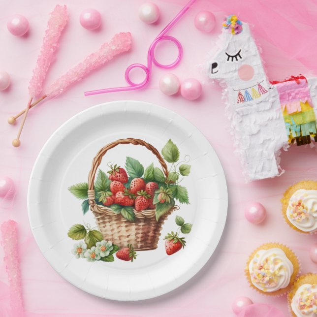 Fresh Strawberries in a Wicker Basket Paper Plate (Party)