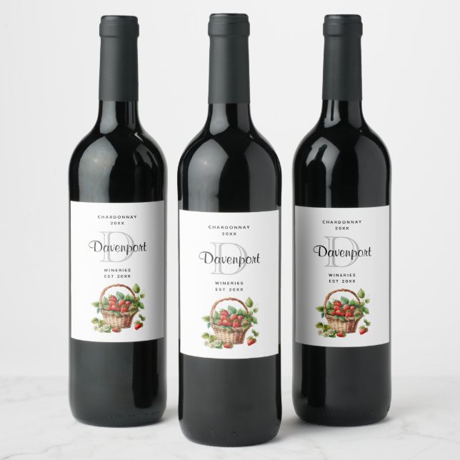 Fresh Strawberries in a Wicker Basket Wine Making Wine Label (Bottles)