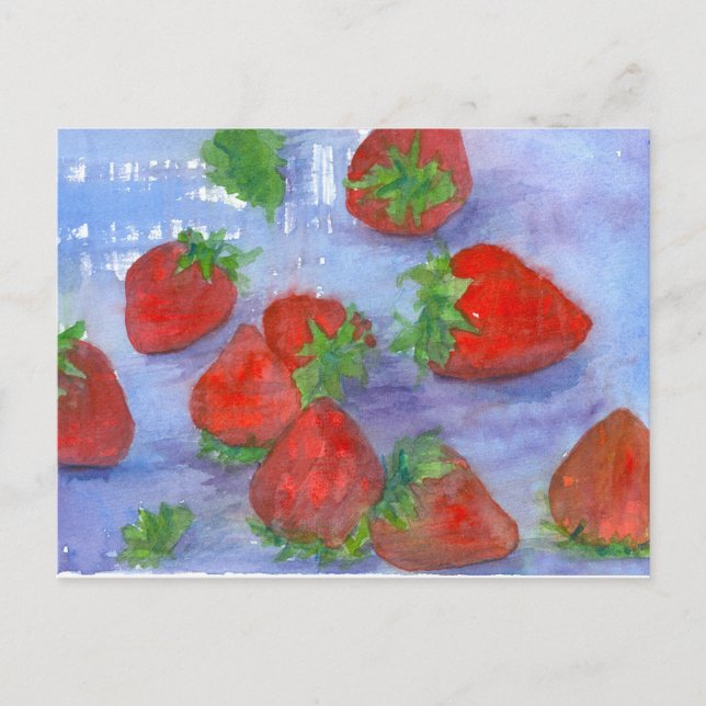 Fresh Strawberries Watercolor Fruit Painting Postcard (Front)