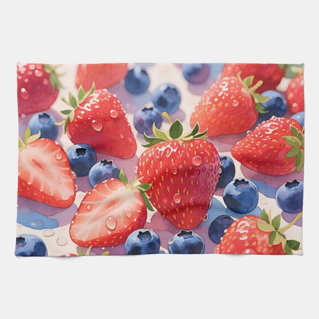 Fresh Strawberry Blueberry Burst Kitchen Towel (Horizontal)