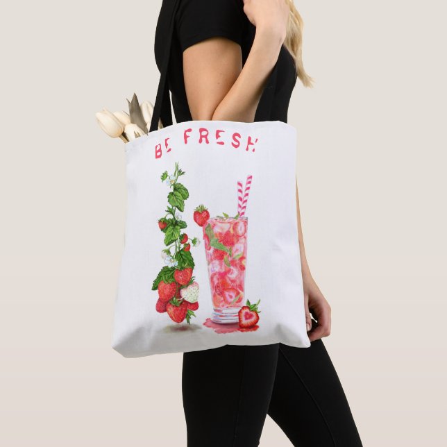 Fresh Strawberry Drink Tote Bag - Custom Text (Close Up)